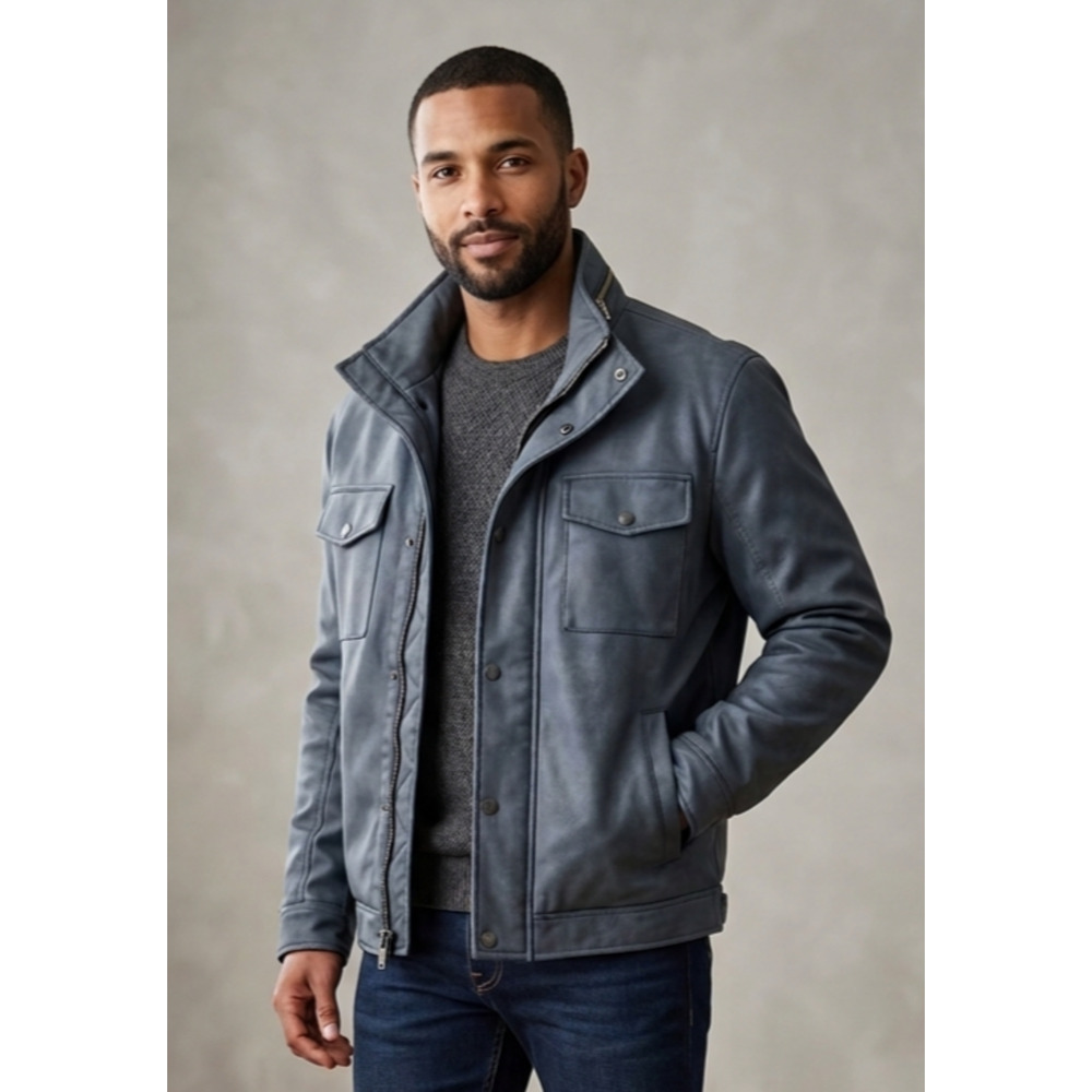 Dockers Faux Leather Quilted Bomber Jacket XXL Blue Gray Hooded Moto Coat